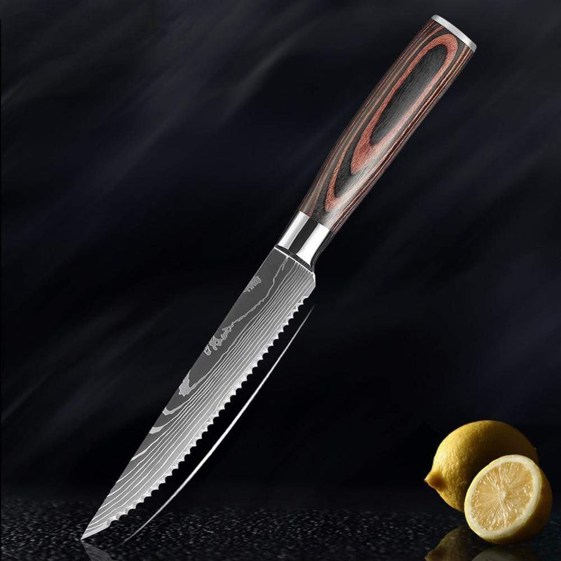 SENKEN Professional Steak Knife Set with Damascus Pattern - Razor Sharp Serrated Stainless Steel & Wood Handle (Steak Knives Set of 4)