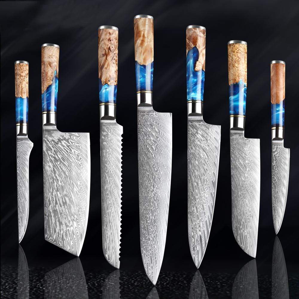 SENKEN 7-Piece Damascus Kitchen Knife Set - Tsunami Collection - 67-Layer  Japanese VG10 Steel - Chef's Knife, Cleaver, Santoku, Bread, Boning, & More
